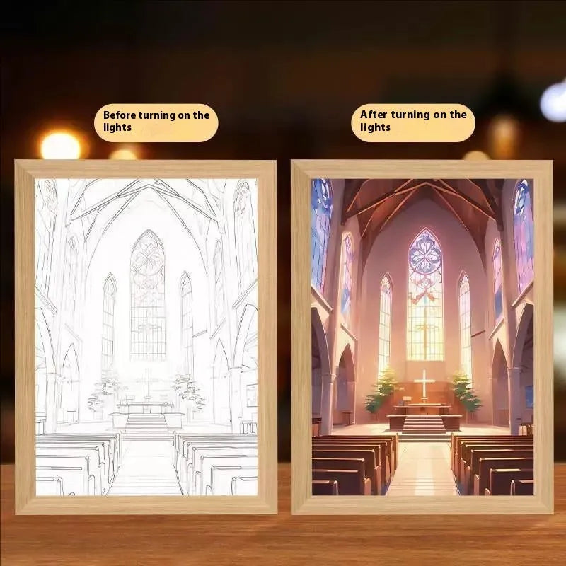 Modern rectangular LED photo frame with customisable inner designs and plug-in power cable
