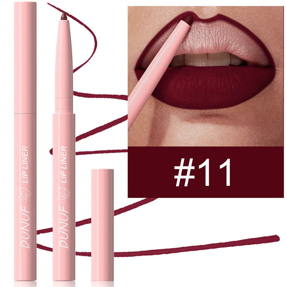 A Velvet Matte Lip Liner pencil shown alongside swatches of its twelve available colour shades.