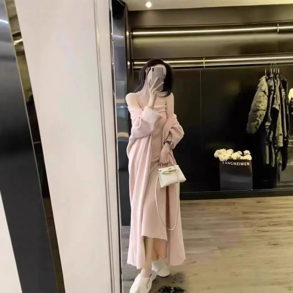 Women's grey knitted cardigan and long skirt dress two-piece suit set