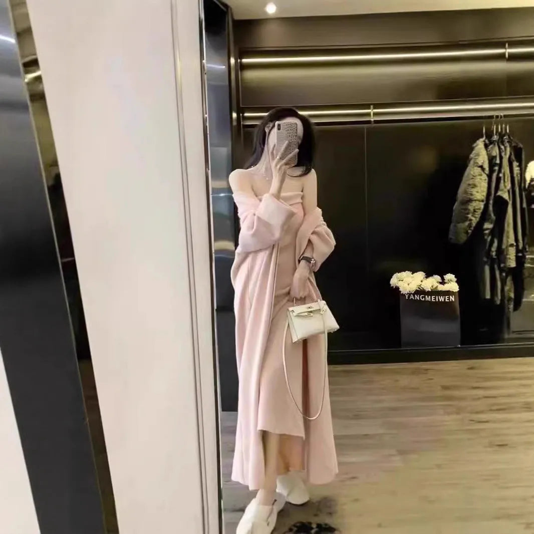 Women's grey knitted cardigan and long skirt dress two-piece suit set