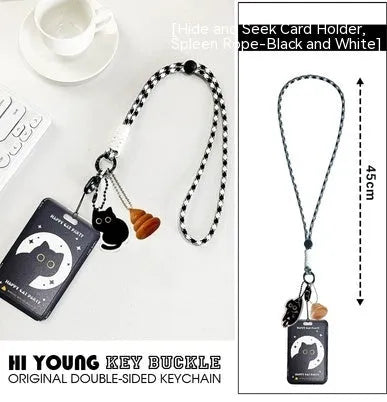 Cute black cartoon cat design plastic card holder with a metal ferrule pendant attached