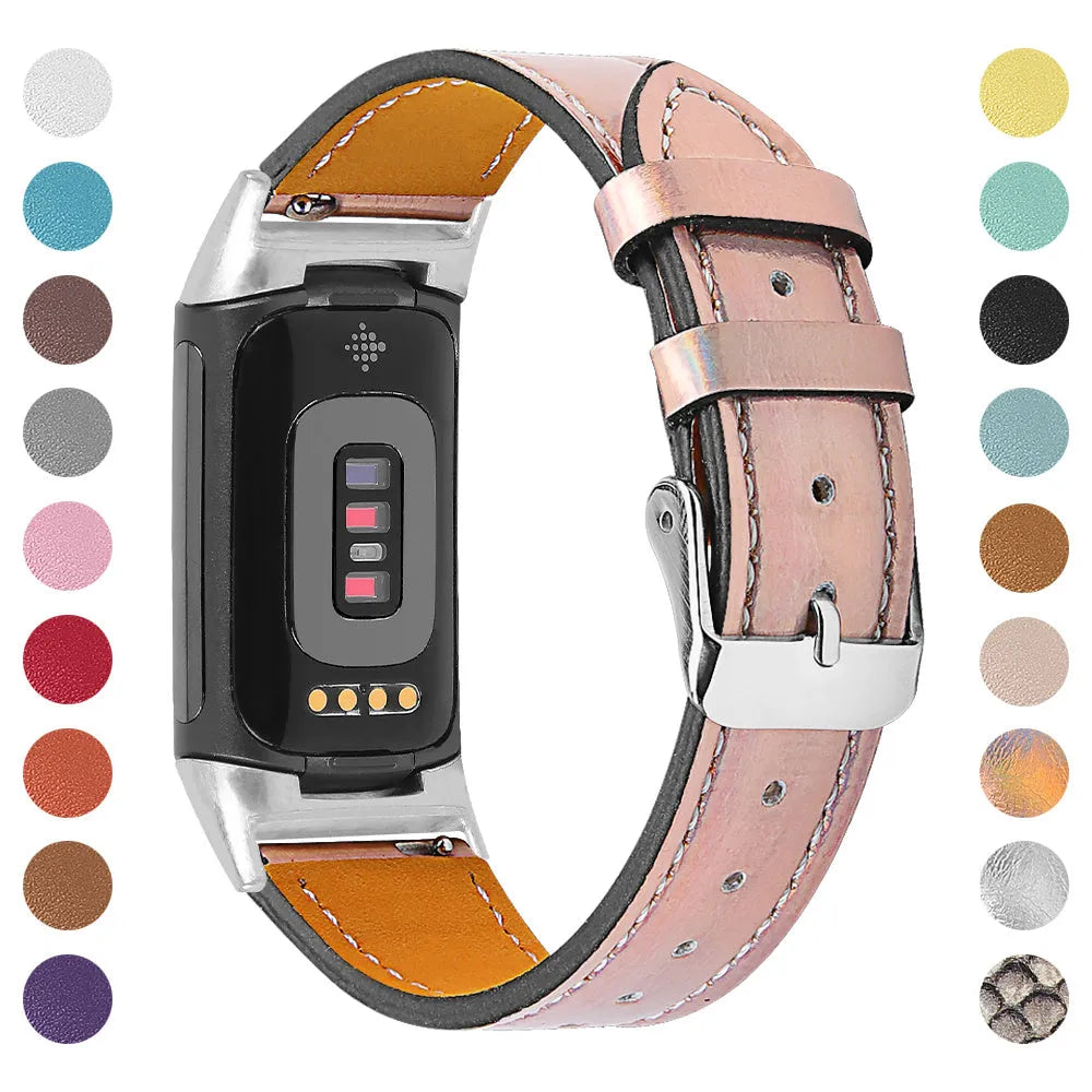 Genuine leather strap for Fitbit Charge 5 and Charge 6 smartwatch in multiple colour options.