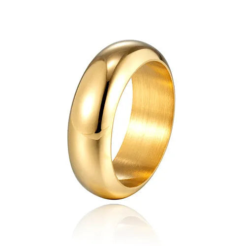 Glossy electroplated titanium steel ring shown in gold, black, and steel colour options on a plain background.