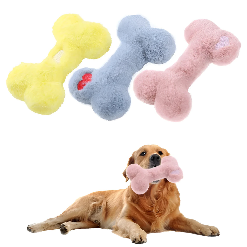 Blue love bone shaped plush dog toy with squeaker for biting and chewing.