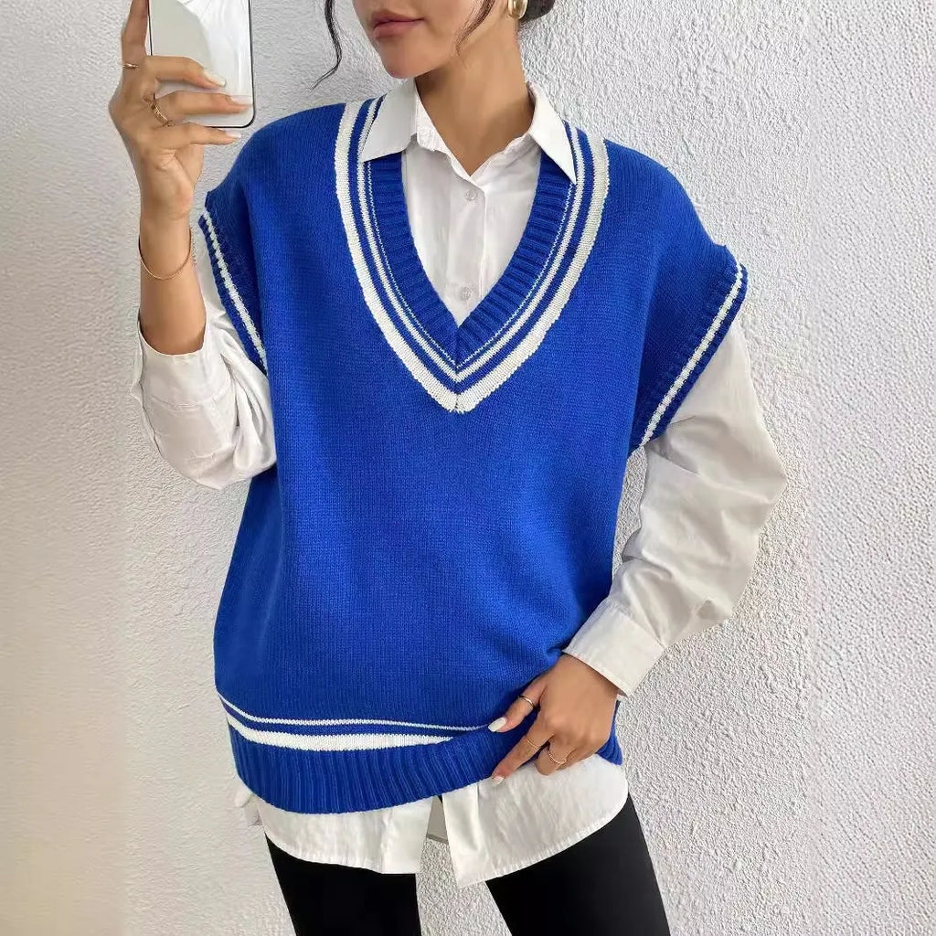 Women's college style wool vest sweater in acrylic-polyester blend available in black, blue, coffee colours