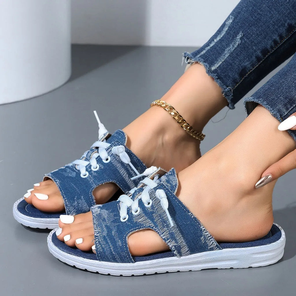 Blue Roman style women's canvas slippers with cloth upper and rubber sole