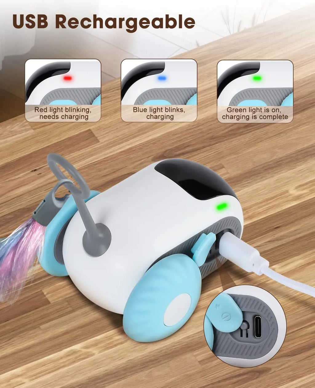 Blue remote-controlled smart cat toy car with feather teaser on a flat surface