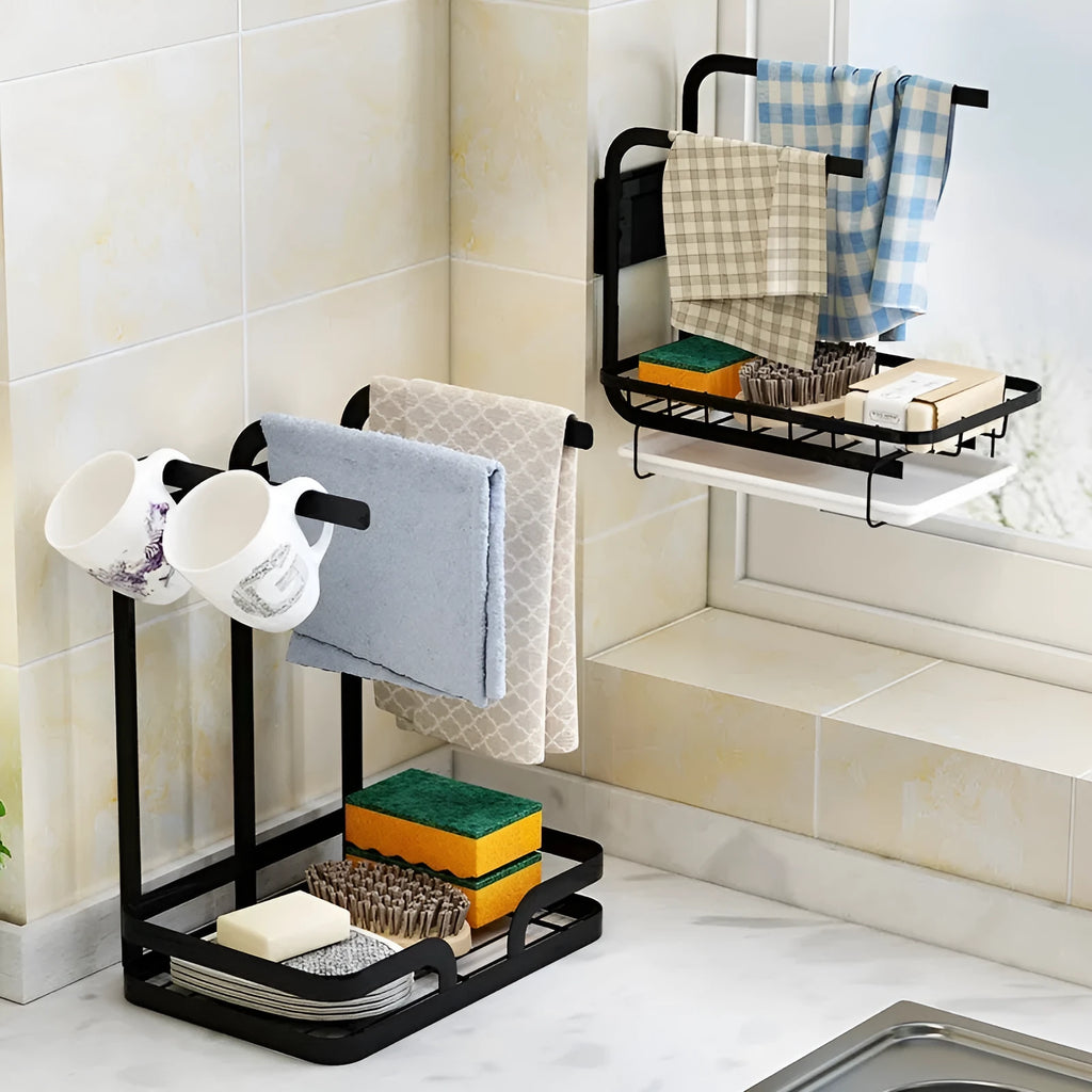 Foldable white plastic kitchen draining rack in New Chinese style, shown both open and collapsed.