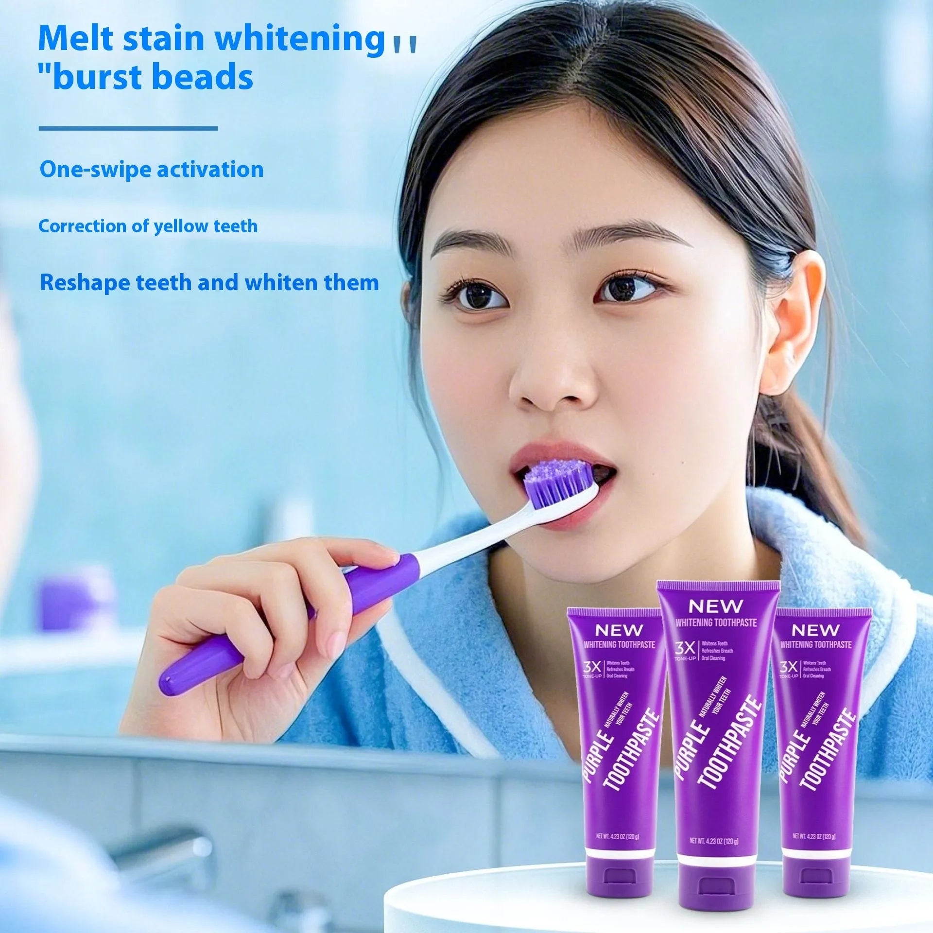 Purple whitening toothpaste for adults in 120g and 65g tube sizes