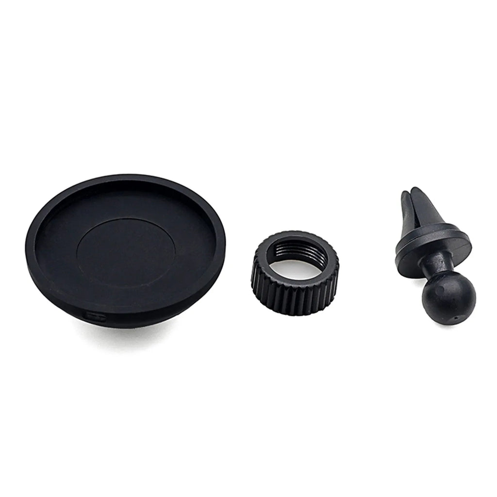 Black car magnetic phone holder mounted on car air vent with phone attached