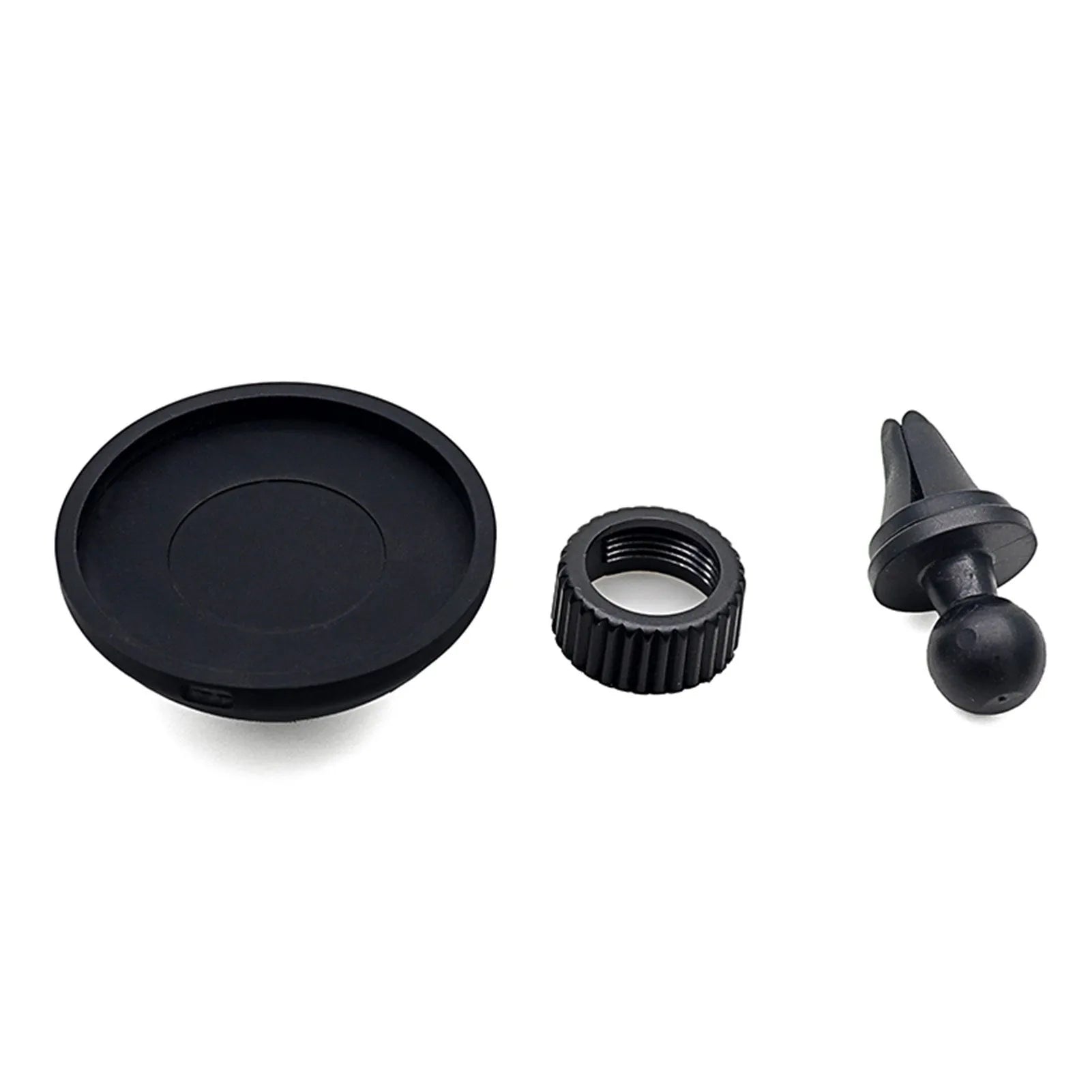 Black car magnetic phone holder mounted on car air vent with phone attached