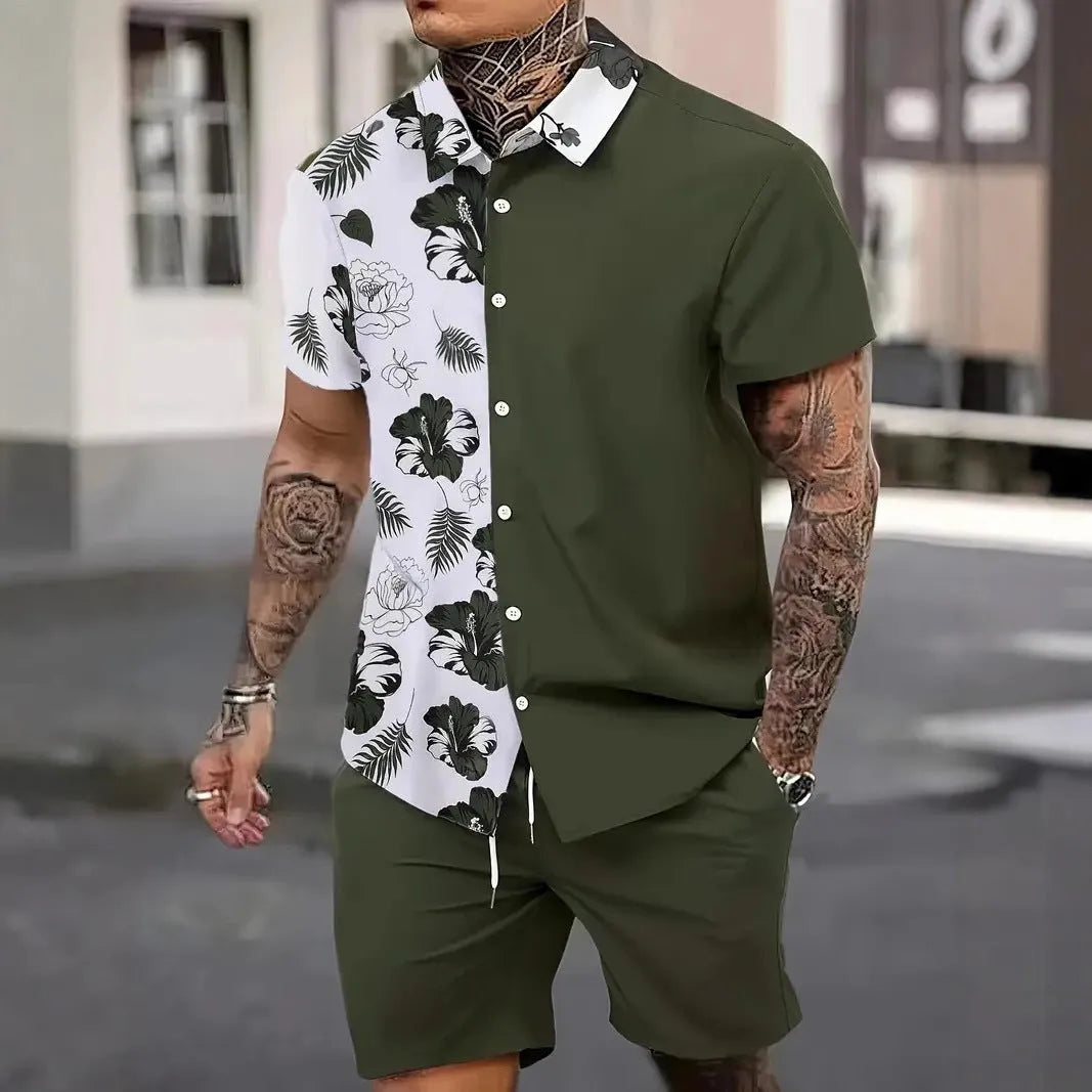 Men's Hawaii themed 3D printed short sleeve suit with matching trousers in polyester fabric