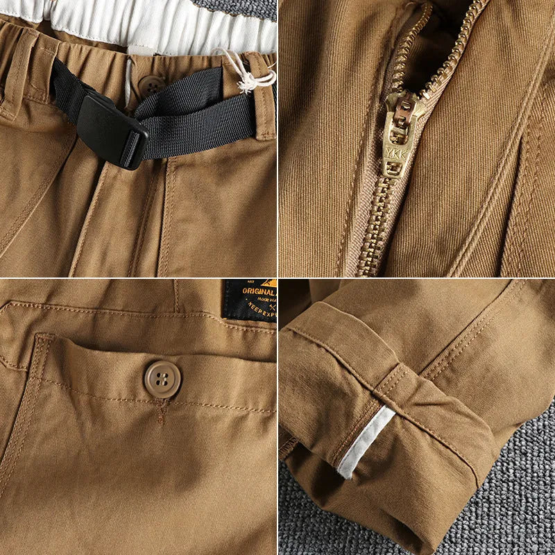 Cotton work trousers with N I buckle belt in khaki or dark blue colours showing three-dimensional cutting design