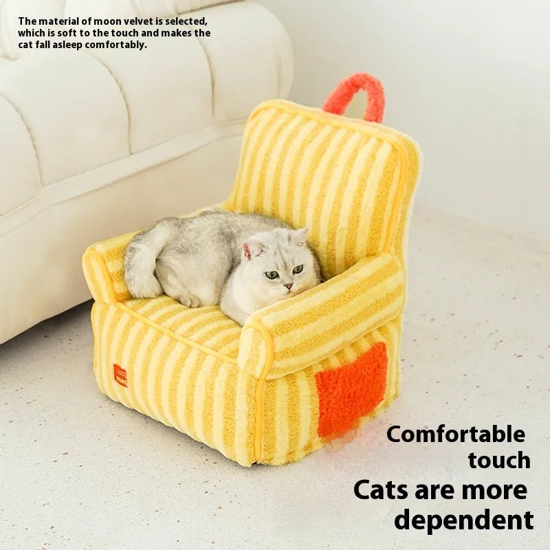 Striped soft velvet pet bed with removable cover in orange, purple or yellow colour