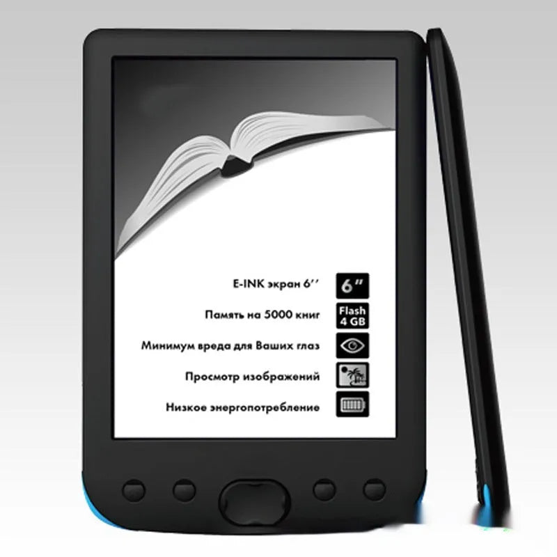 Black 6-inch E-ink screen e-book reader showing digital book display with multiple memory configuration options