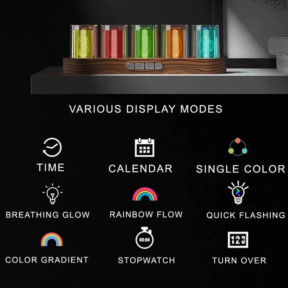 RGB LED digital clock showing colourful display modes with USB cable connection