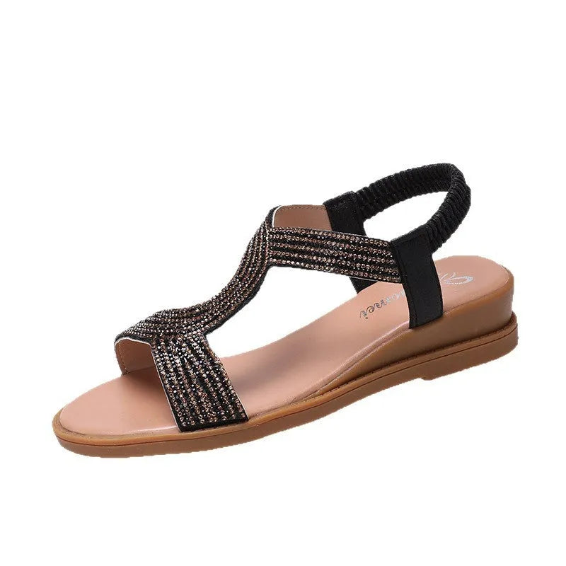 Women's patent leather beach sandals with rhinestone decoration on round toe