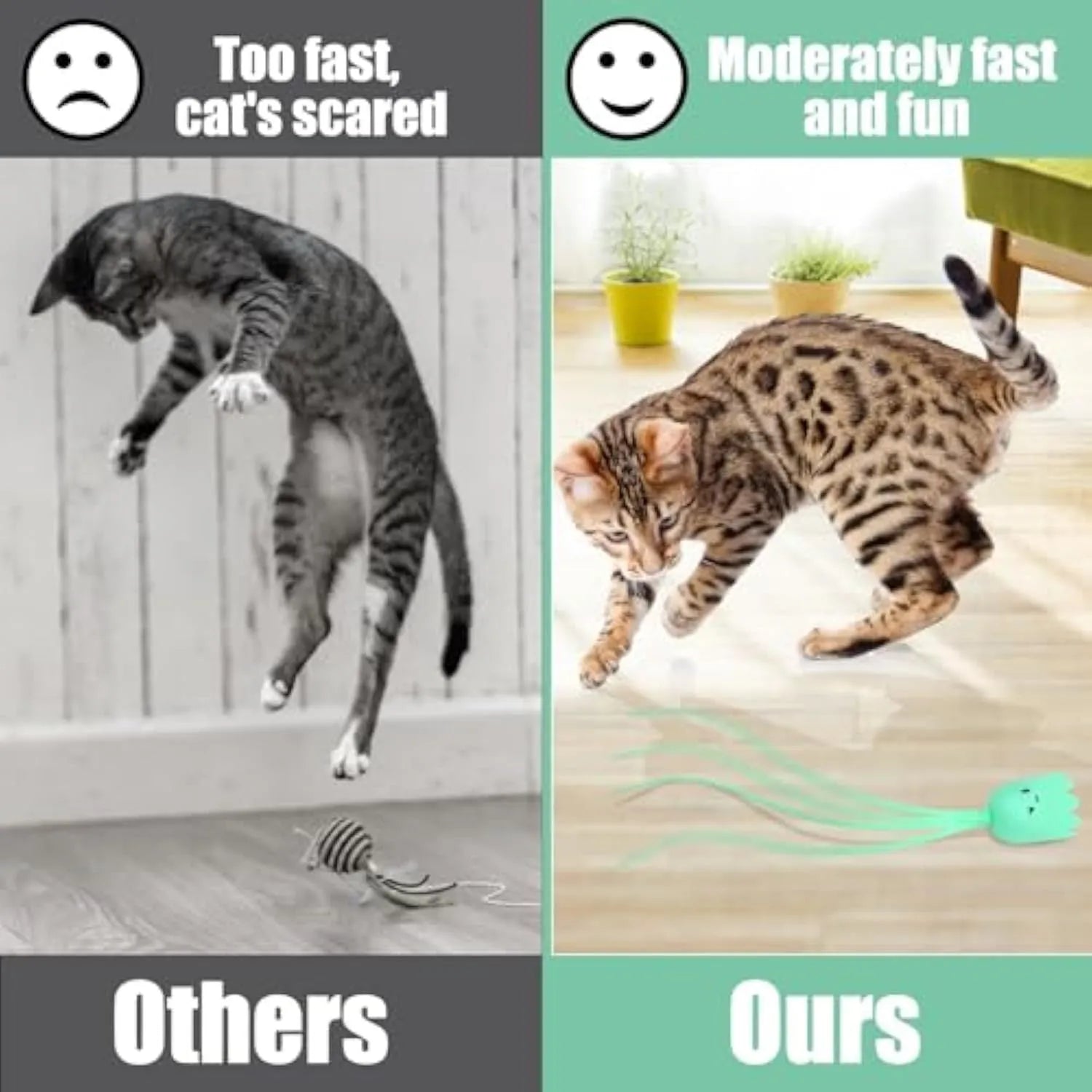 Green automatic electronic cat wand toy with swinging silicone tails on a table.