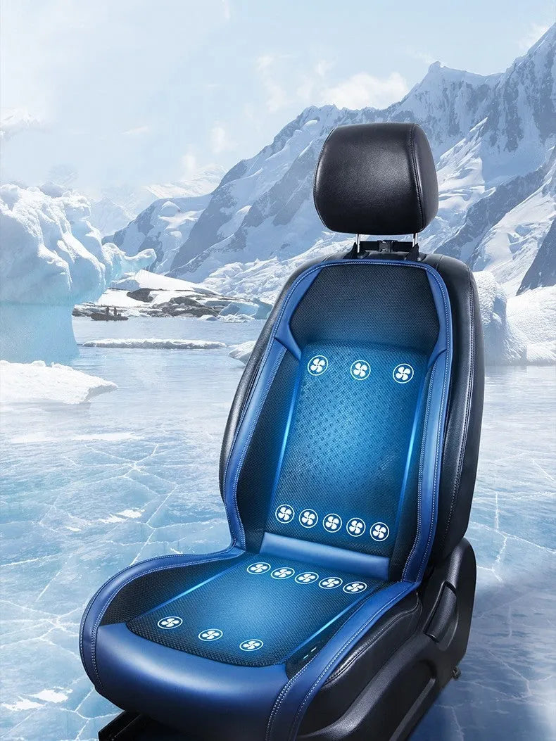 Single-seat car cooling pad with minimalist solid-colour design, shown in blue and black options.