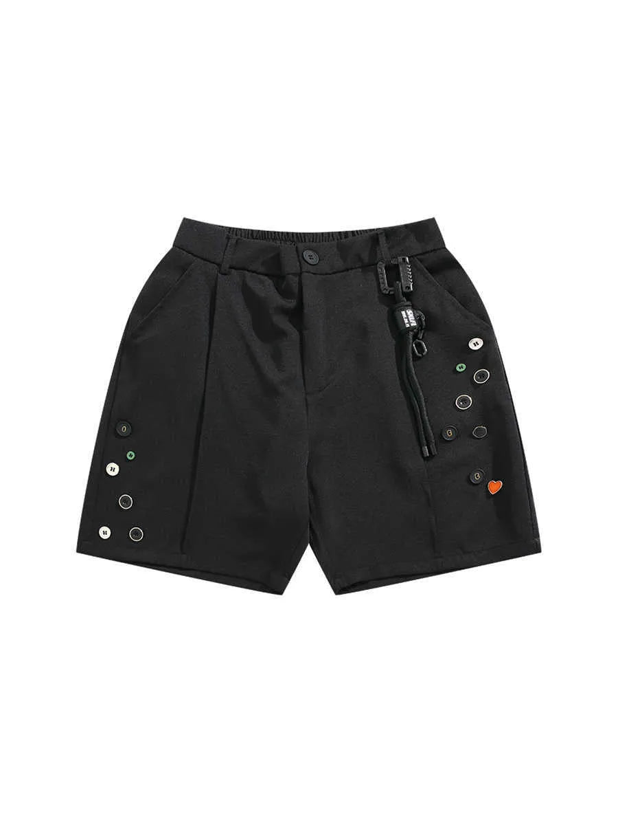 Black men's loose straight-leg shorts with a semi-elastic waist, colour button, and zip fly.