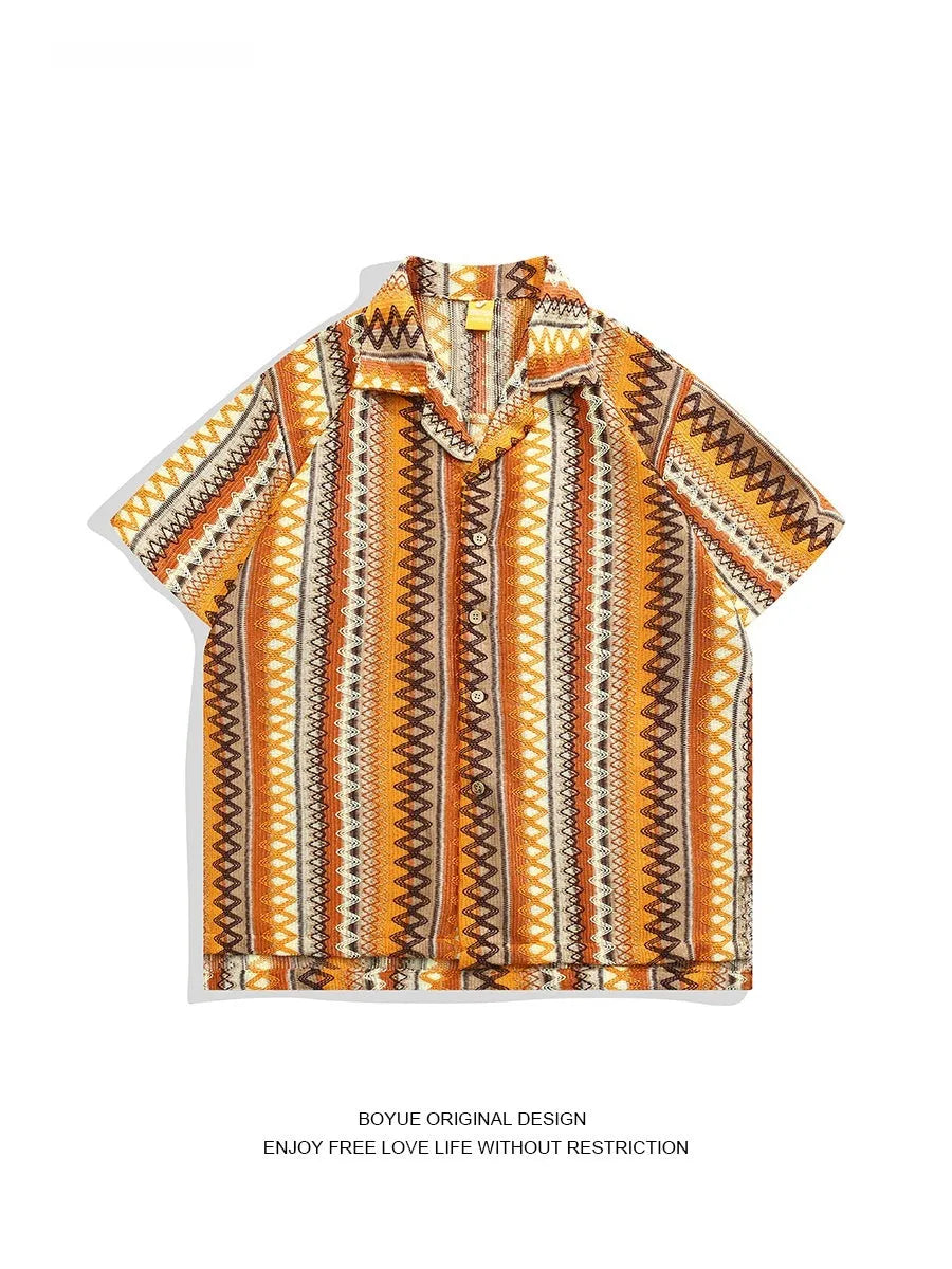 Ethnic style woven Cuban collar shirt with contrasting colours, loose fit, and short sleeves.