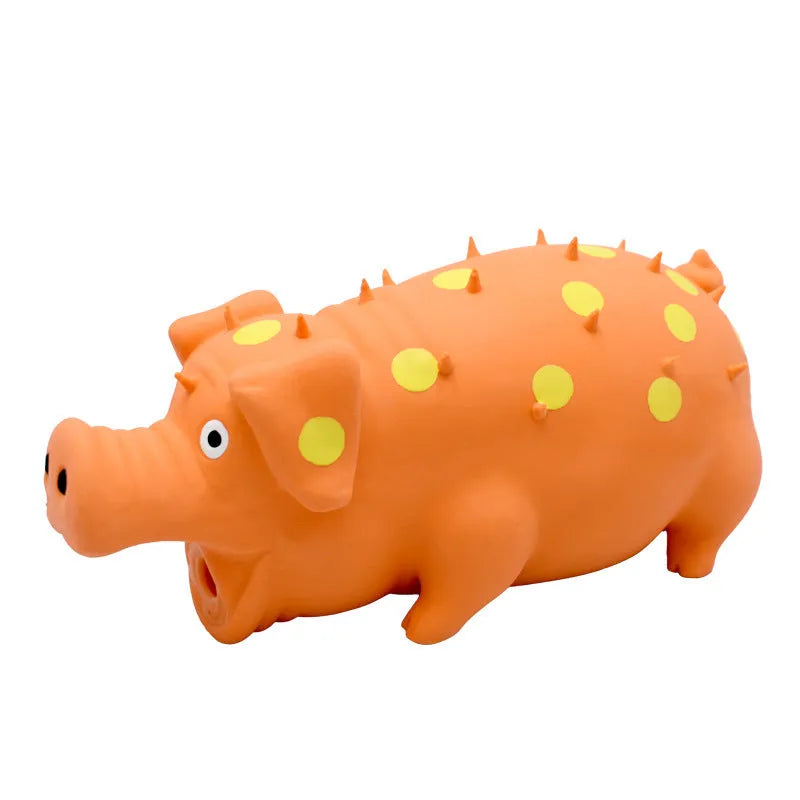 Blue latex pig-shaped dog chew toy with textured surface and squeaky function