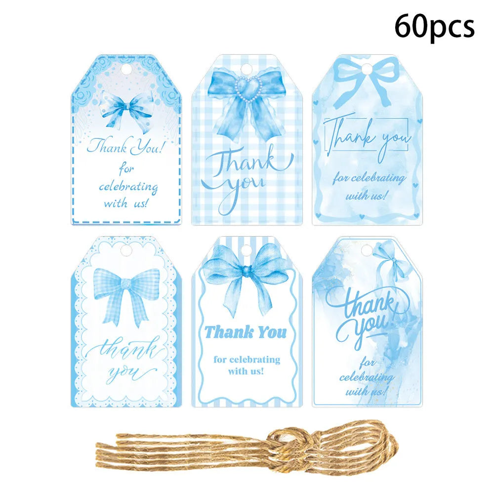 Birthday gift tags with bowknot decoration in three style variations including hemp rope ties