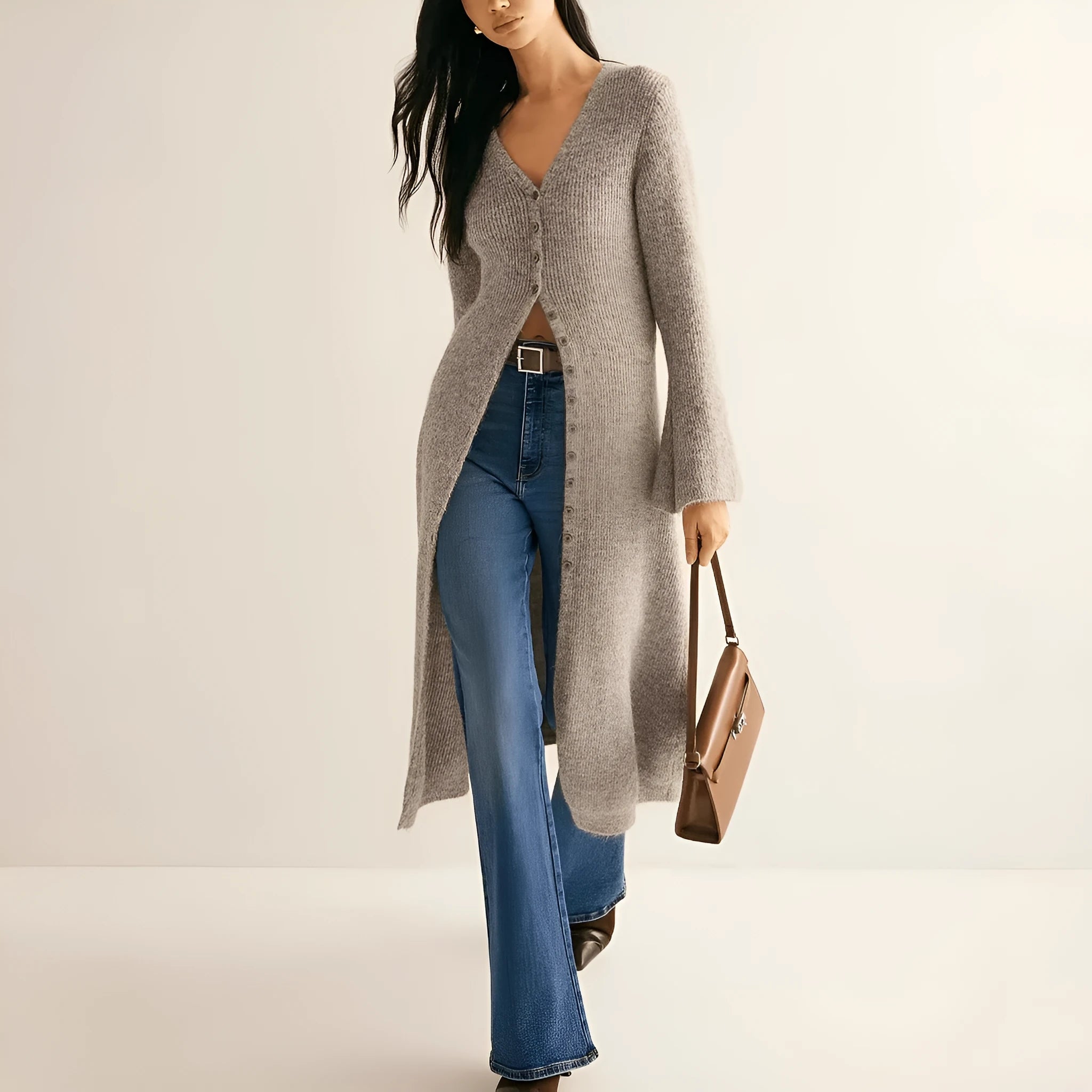 Khaki French retro style women's cardigan with button front and long sleeves