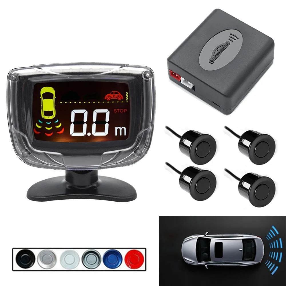 Wireless vehicle reversing sensor kit with digital display, four probes, and installation tools