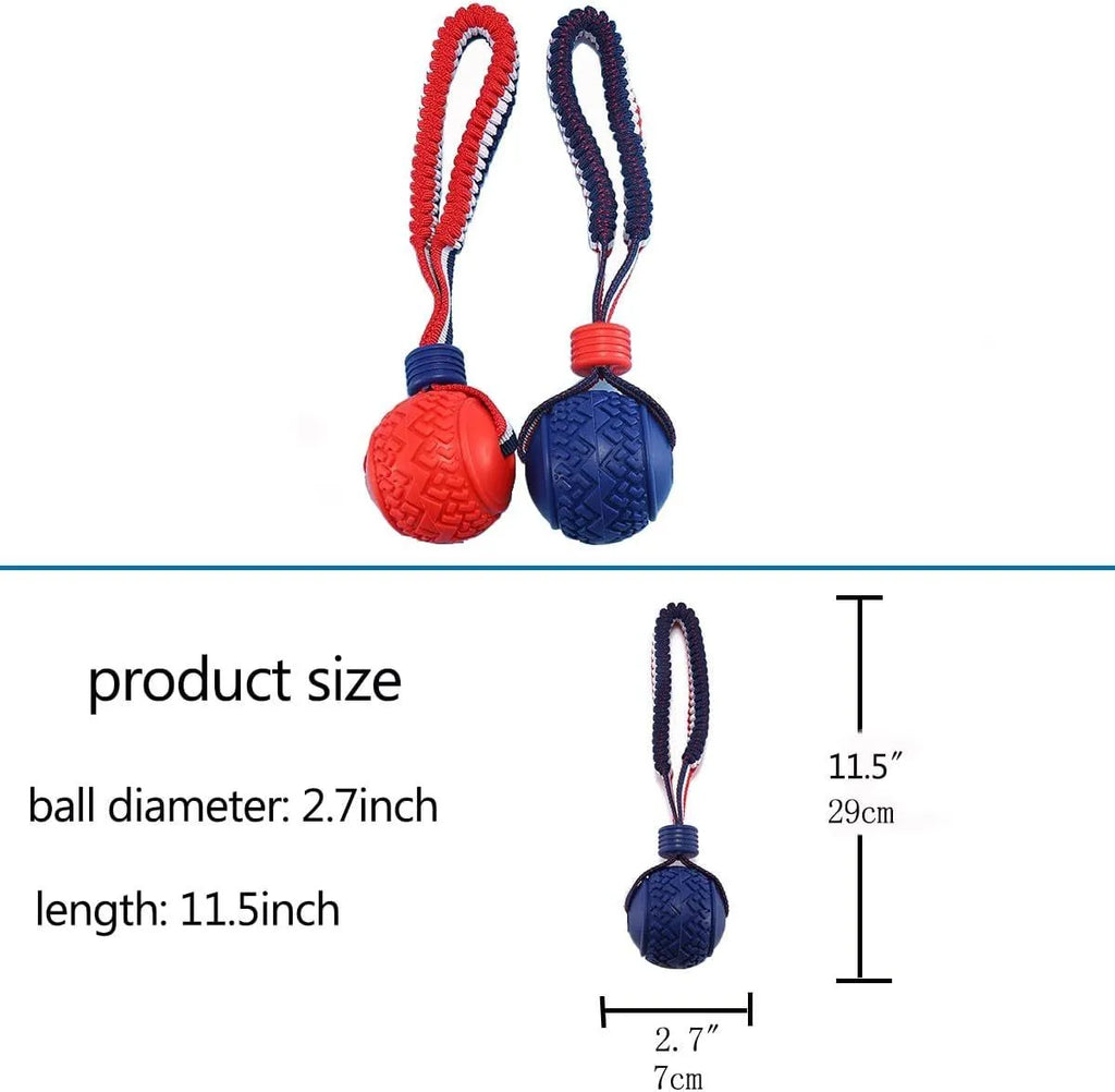 Blue rubber dog ball with rope attachment measuring 29cm long for small breed dogs