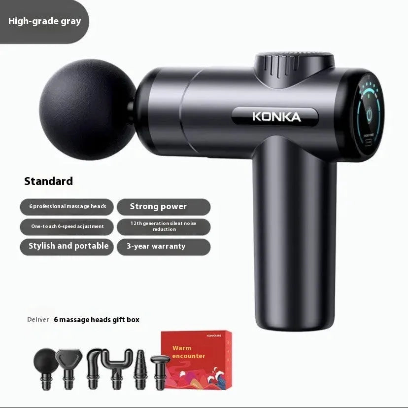 Konka V19 professional mini massage gun with multiple interchangeable massage heads on a table.