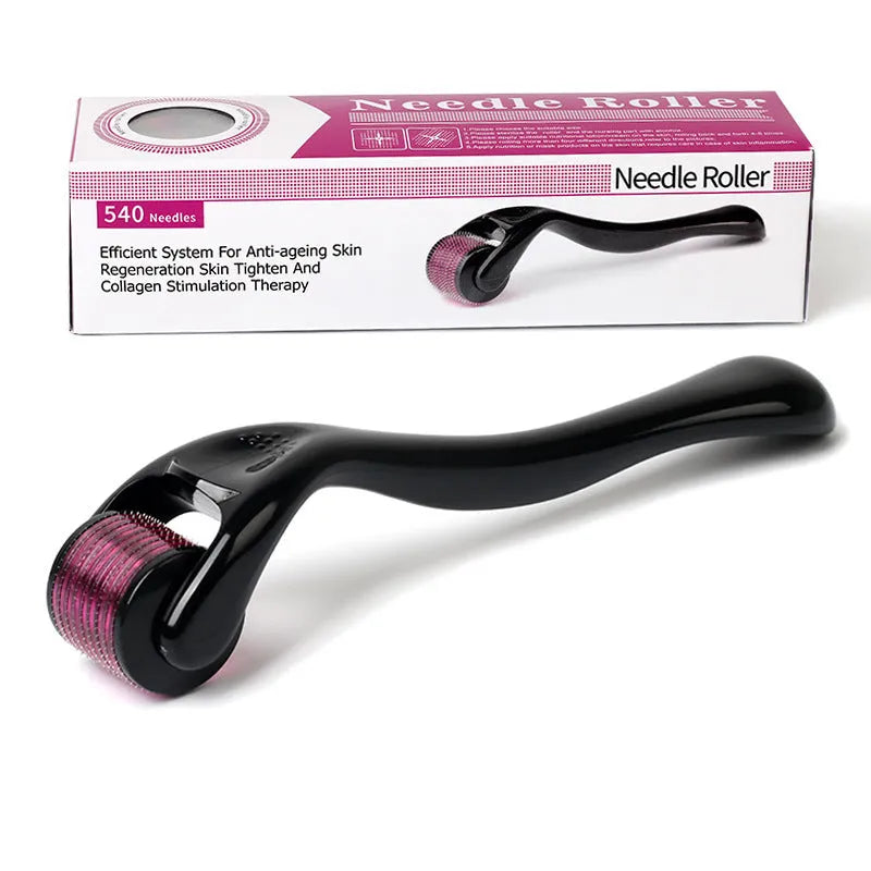 Derma roller with titanium needles for face and scalp, showing black and purple handle options.