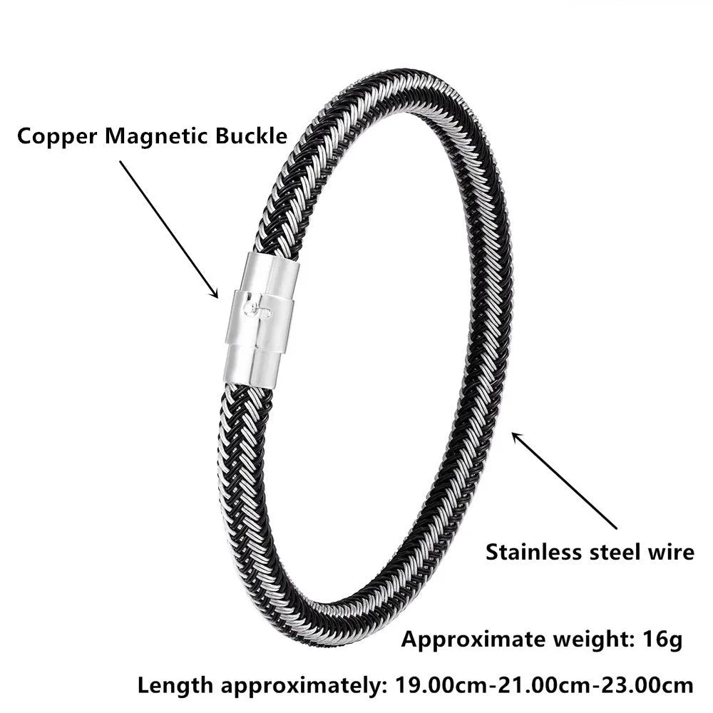 Men's geometric titanium steel bracelet with a magnetic clasp on a wrist.