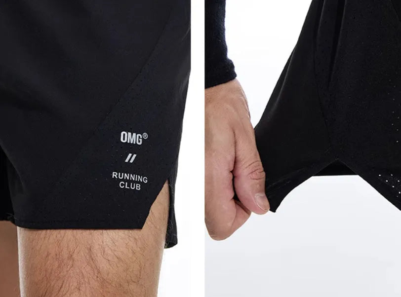 Men's four-point stretch running shorts with laser stitching in black or blue