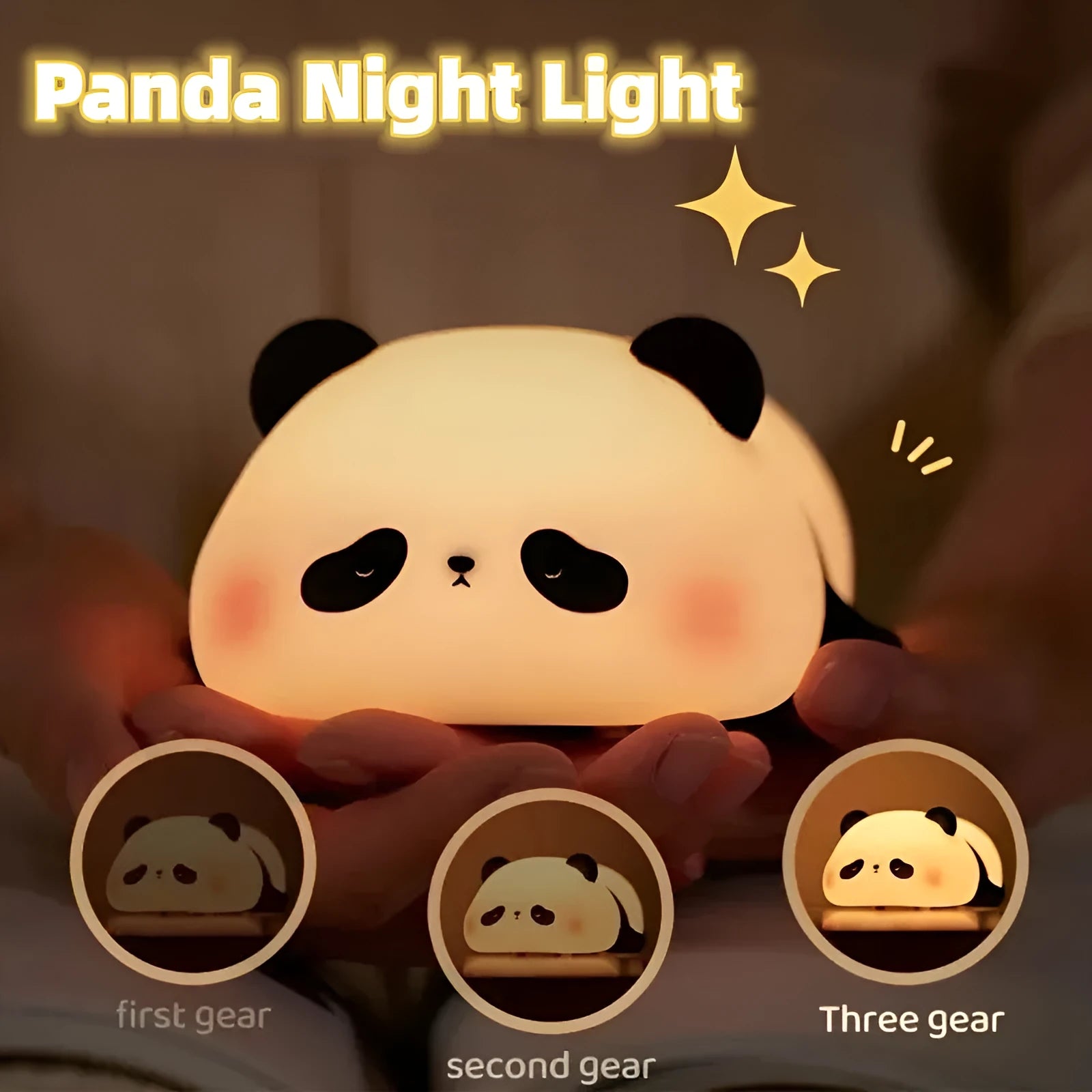 Cartoon panda-shaped silicone night light for kids on a bedside table.