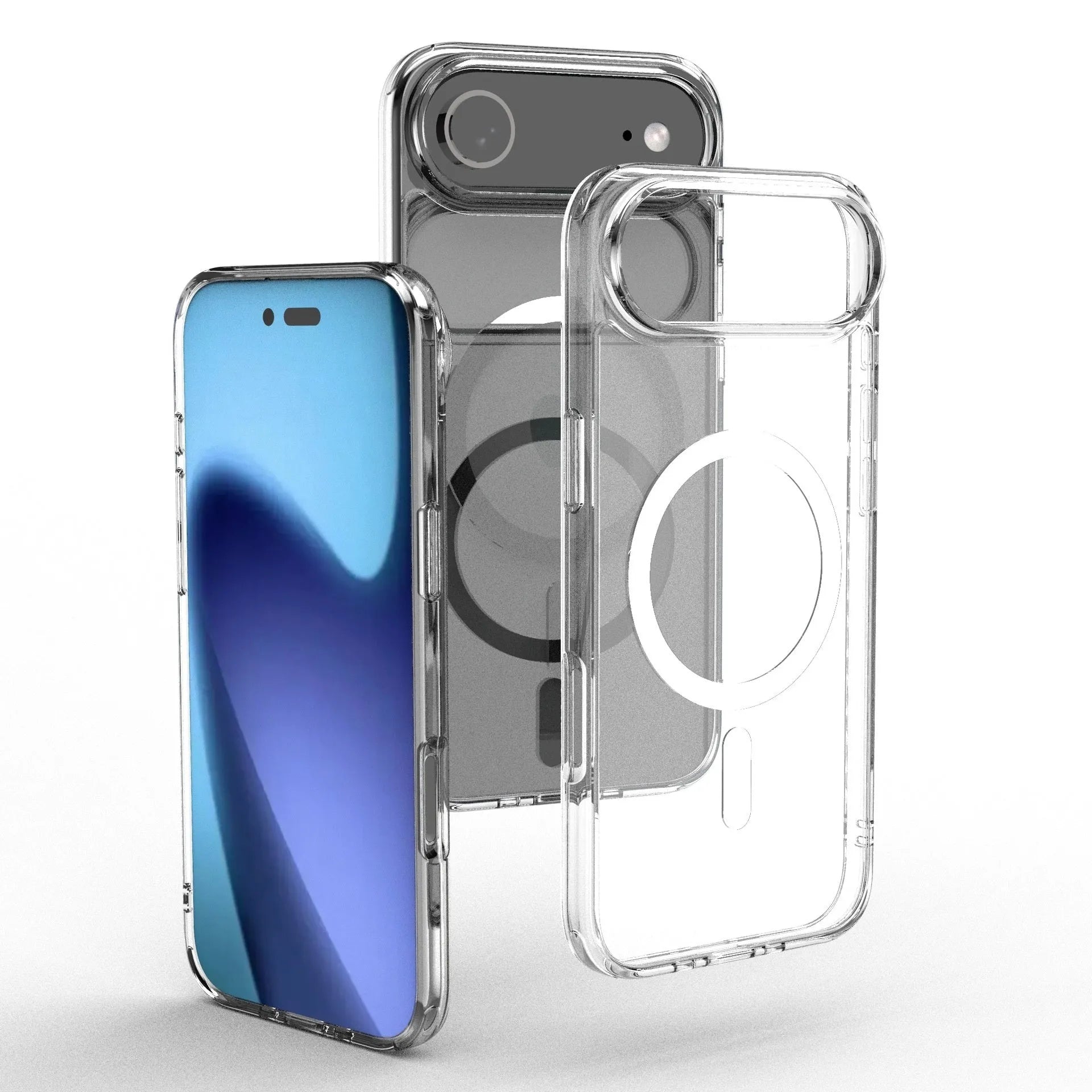 Transparent magnetic phone case for iPhone 17 Air with shockproof TPU construction and built-in magnetic ring.