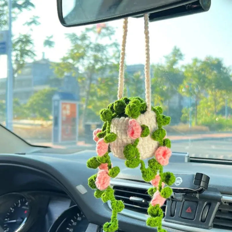 Knitted green and white car plant decoration with hanging rope