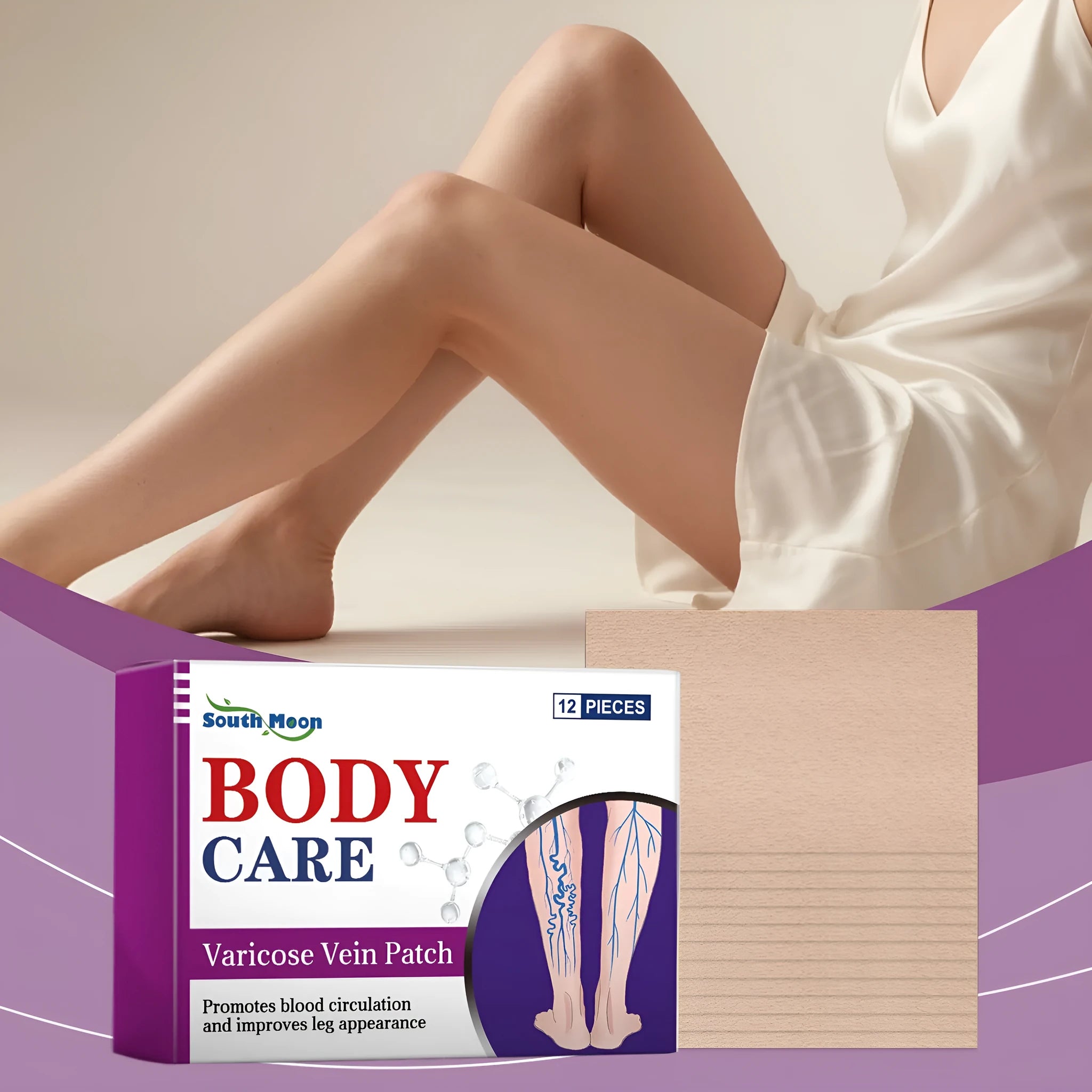 Pack of 12 white leg care patches with plant ingredients for massage.