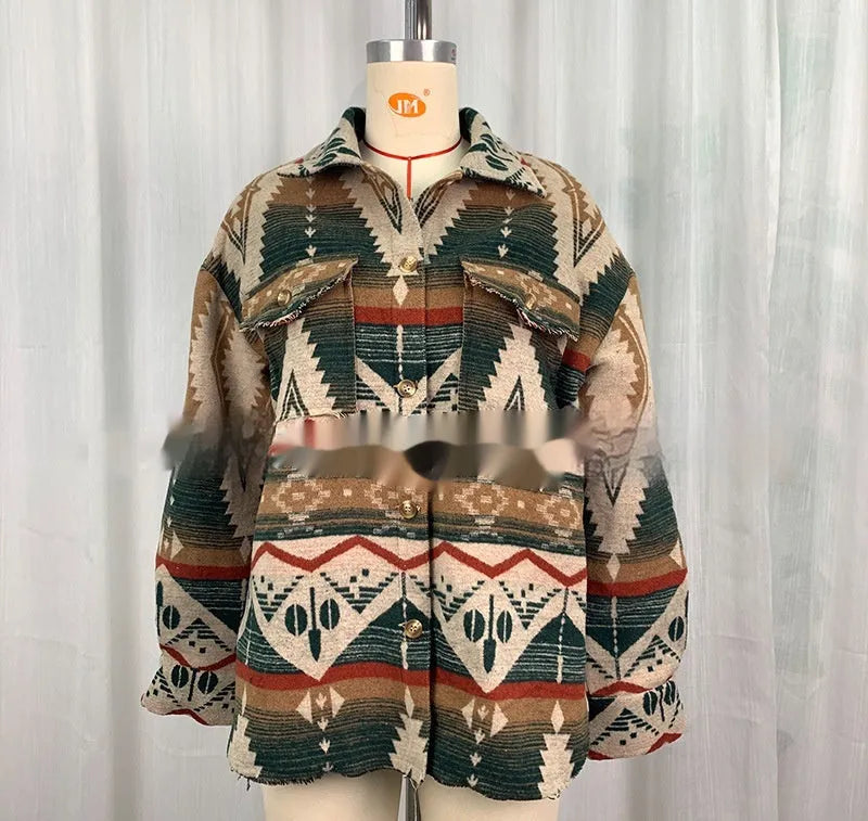 Women's Aztec printed retro jacket in wool blend fabric with loose fit construction