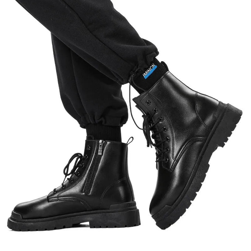 Men's black mid-top British leather-style boots with rubber sole and waterproof PU upper