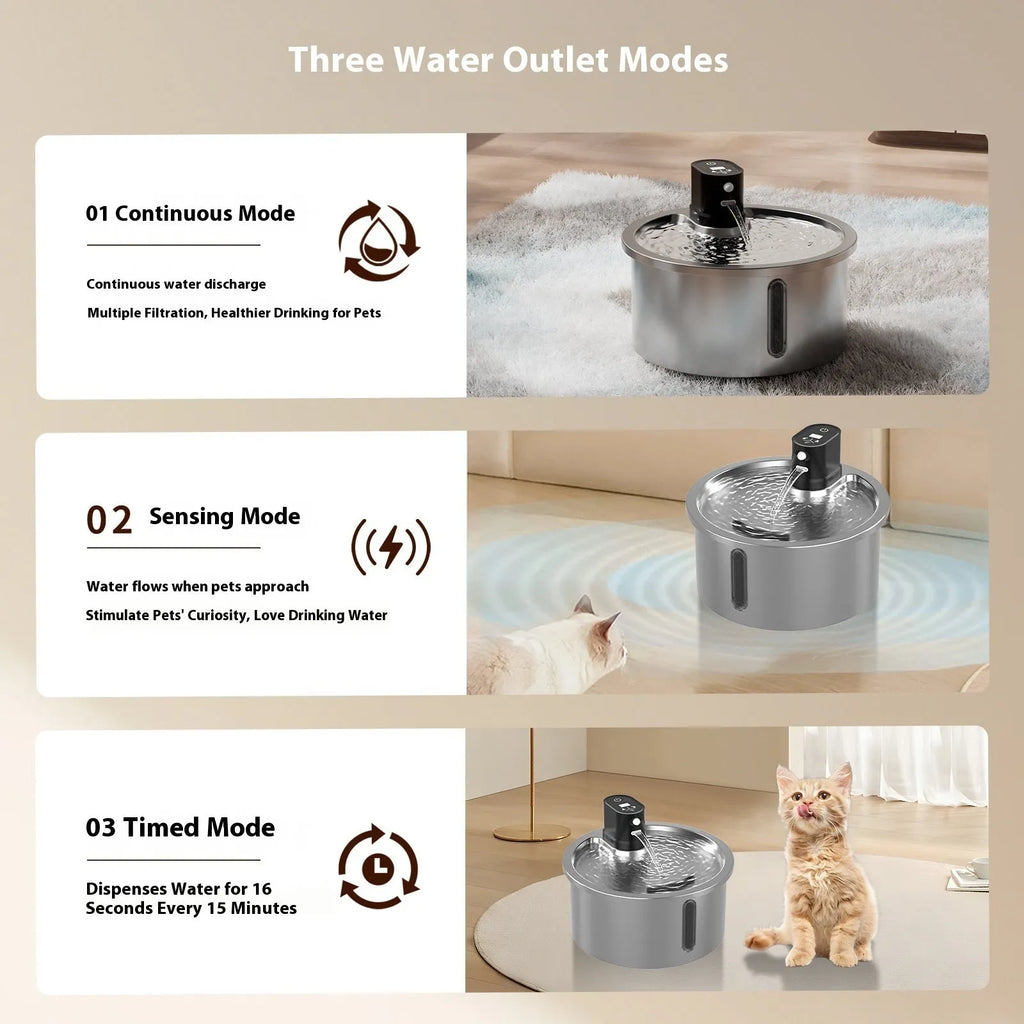 Stainless steel pet water fountain with heating base in black or white colour options
