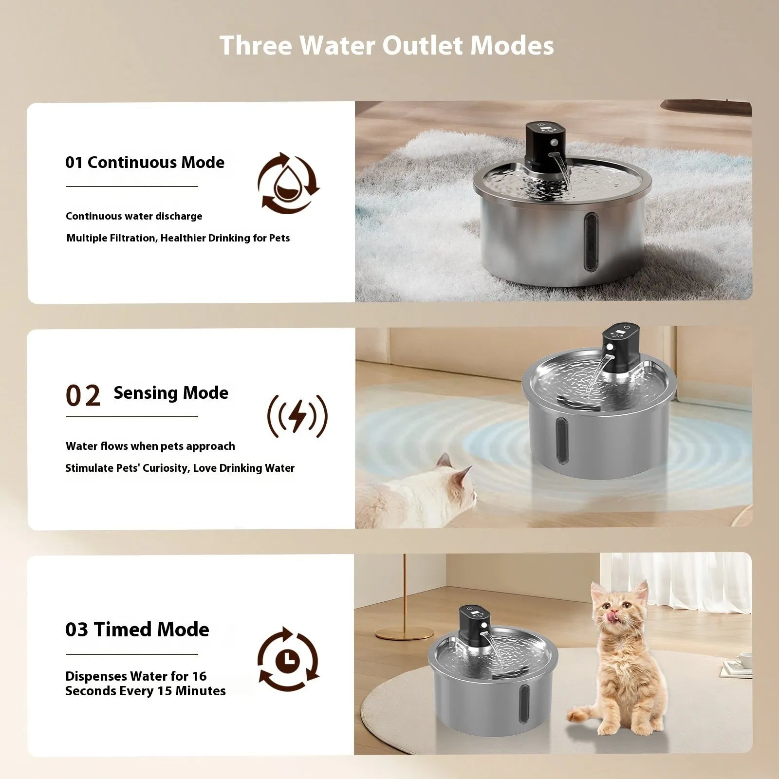 Stainless steel pet water fountain with heating base in black or white colour options