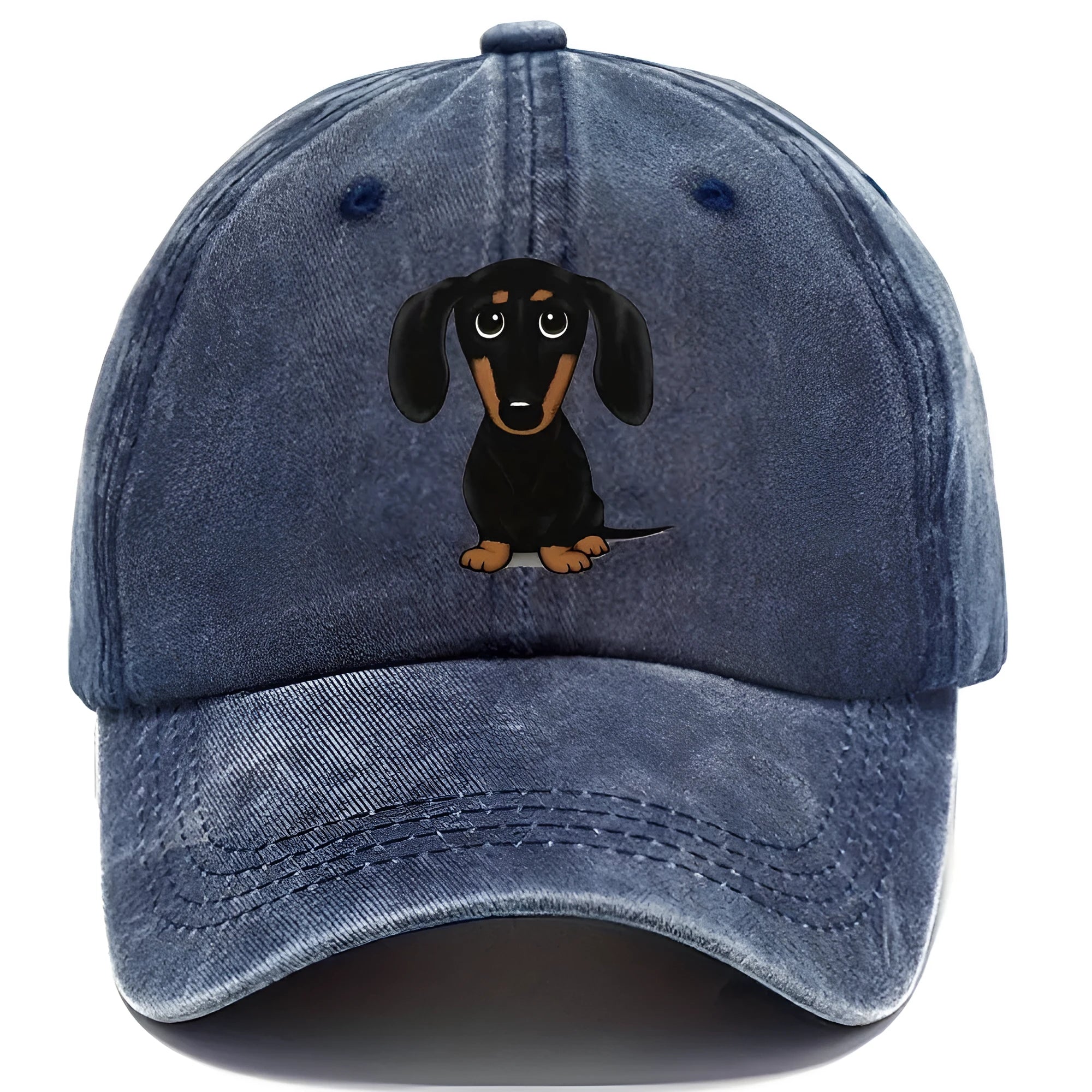 Retro washed blue cotton baseball cap with an embroidered brown dachshund design on the front.