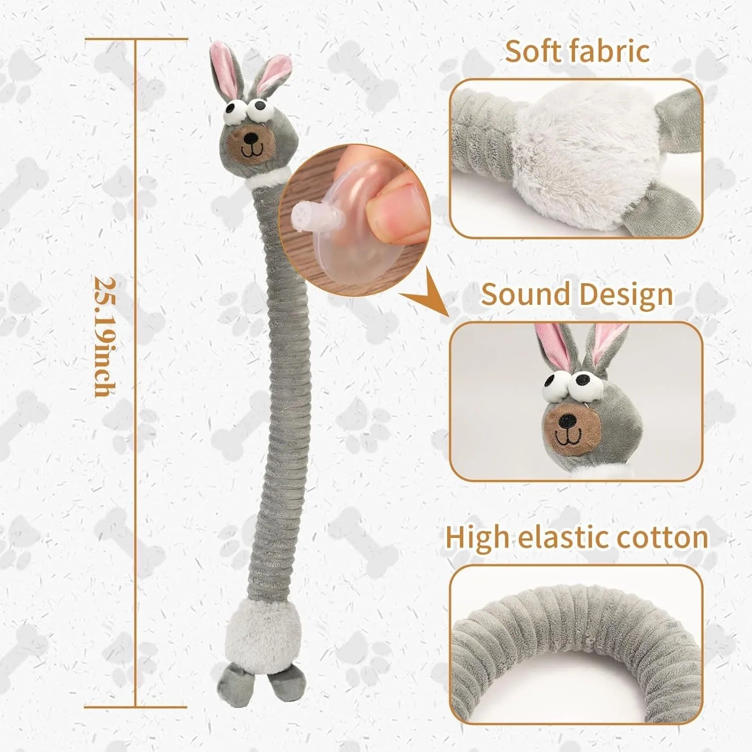 Plush squeaky dog toy with crinkle sounds in brown, grey or yellow colours for interactive pet play