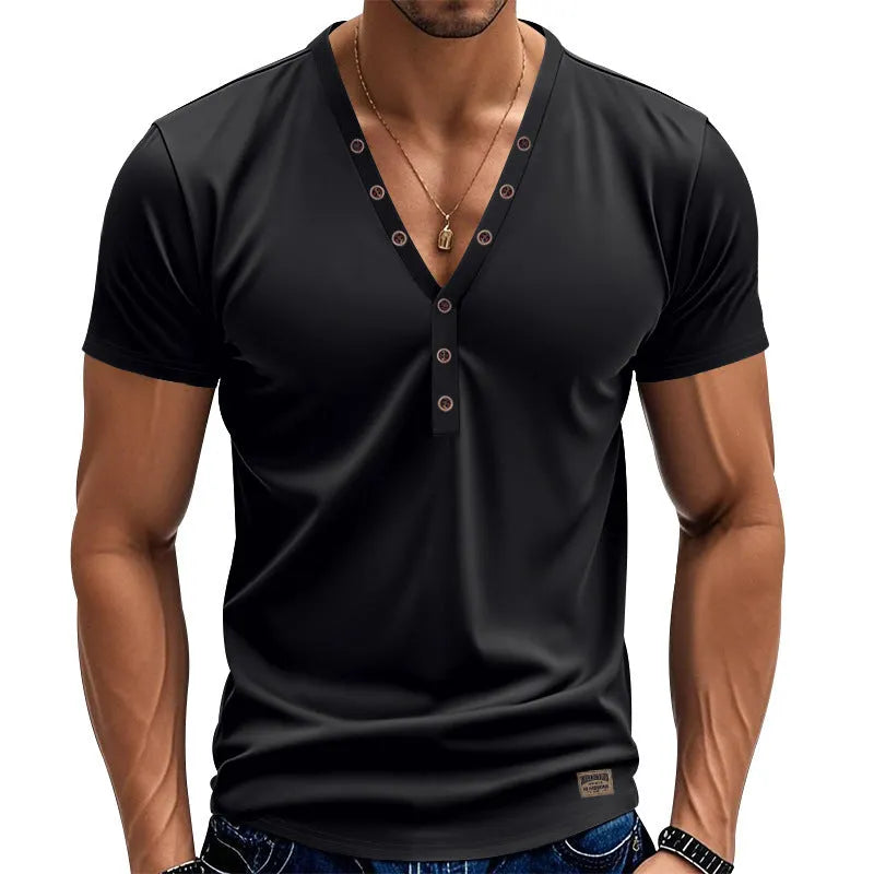 Men's loose thin v-neck pullover top with button detail in light blue colour