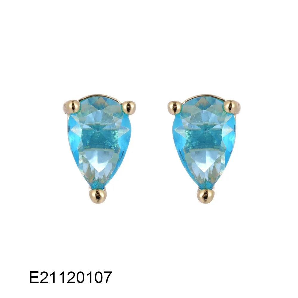 Gold-plated drop-shaped earrings with zircon accents in candy colours on white background