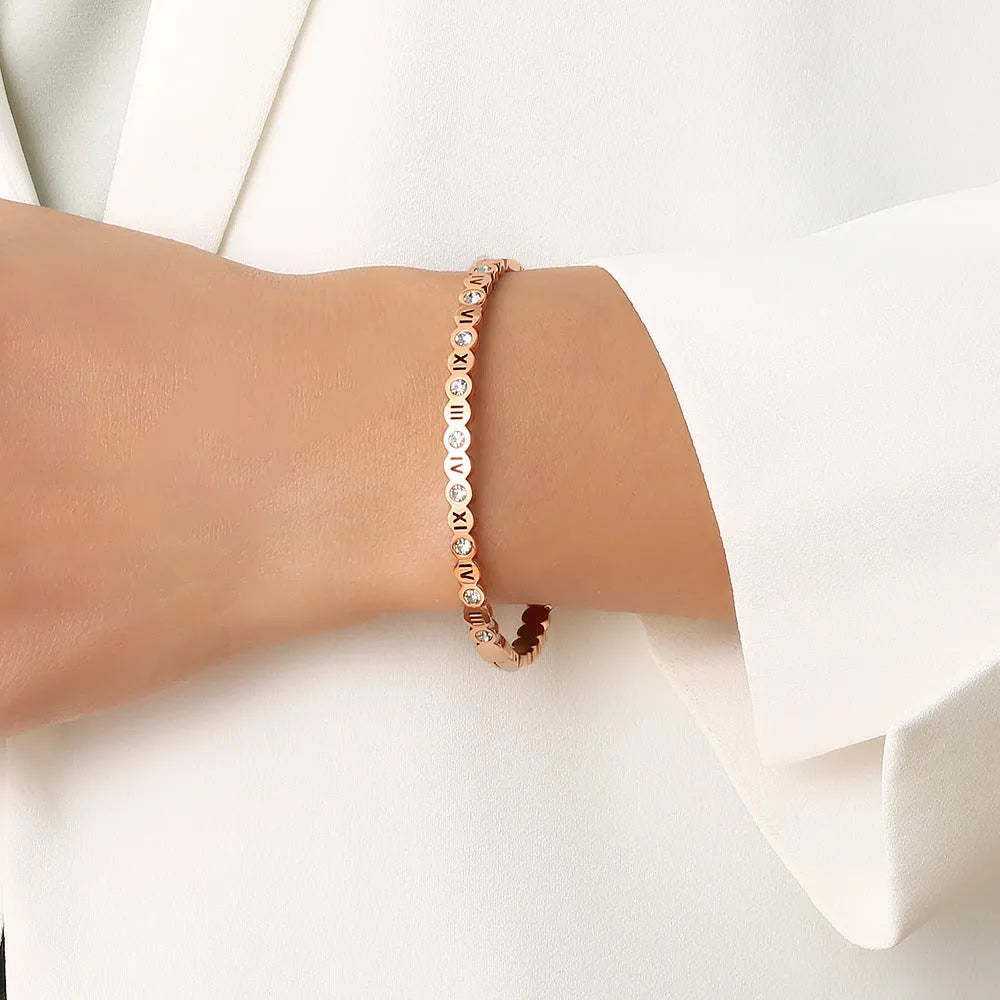 Titanium steel Korean style bracelet with numbers motif in gold, rose gold, or steel colour finish