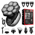 Black 6-in-1 rechargeable hair clipper and shaver set with multiple attachments on display