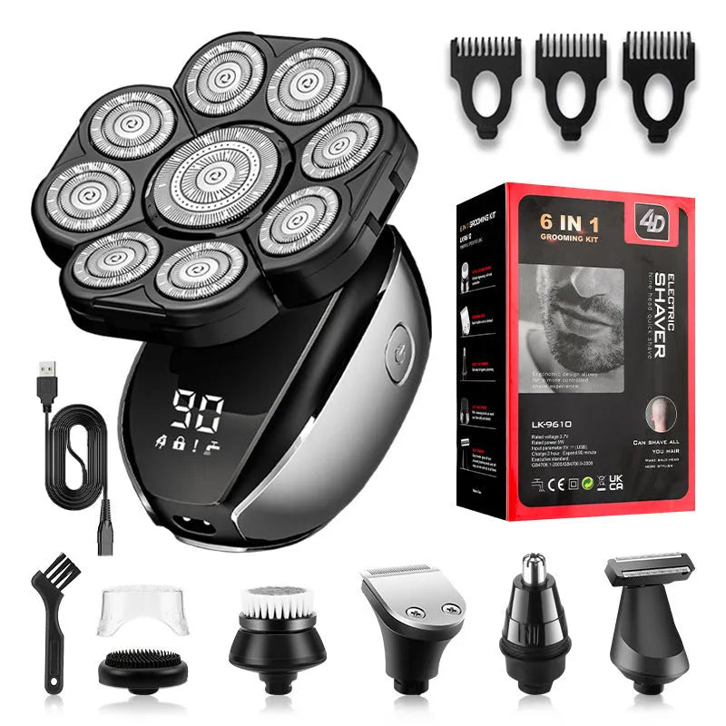 Black 6-in-1 rechargeable hair clipper and shaver set with multiple attachments on display