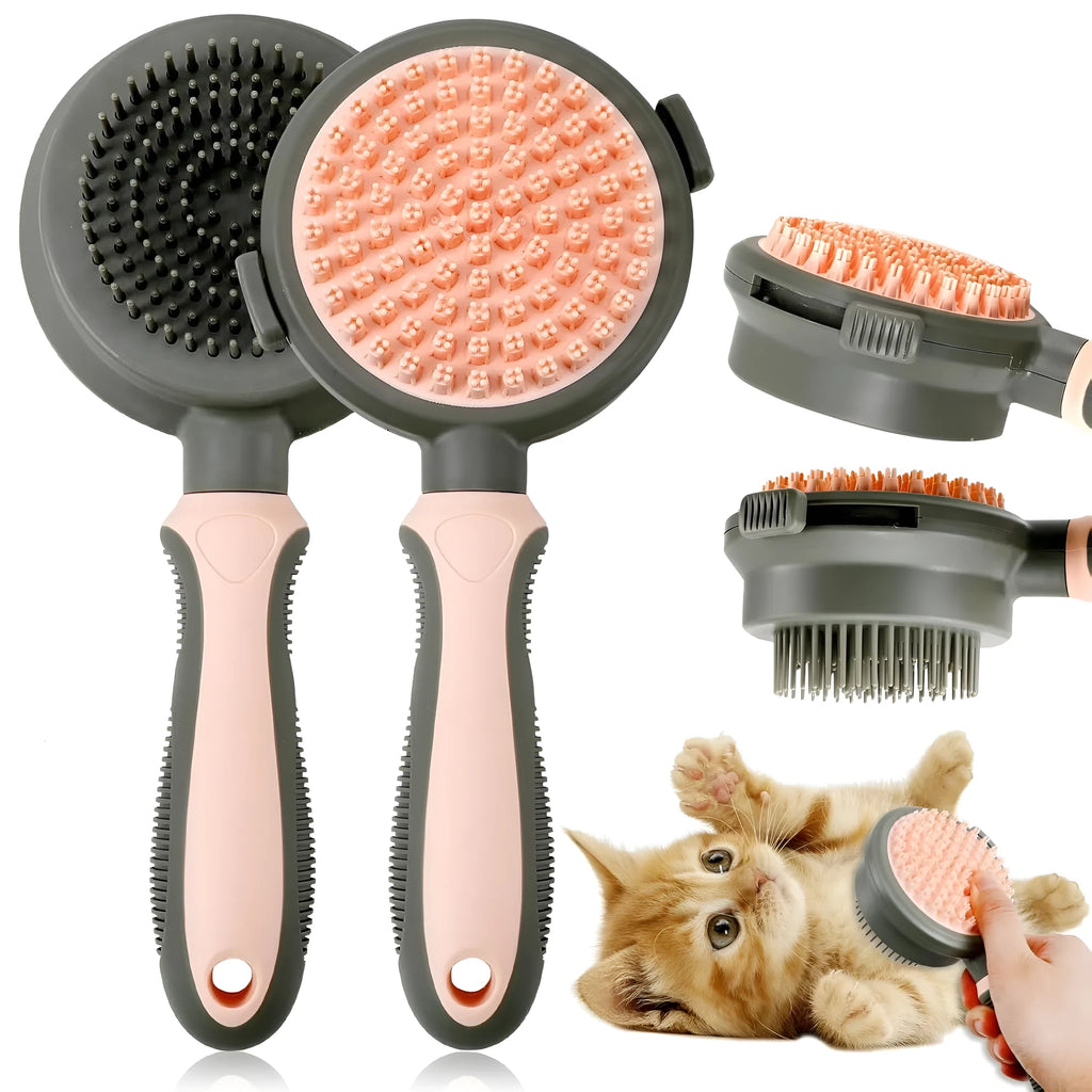 Pink and green double-sided cat grooming brush with a release button and a separate flea comb.